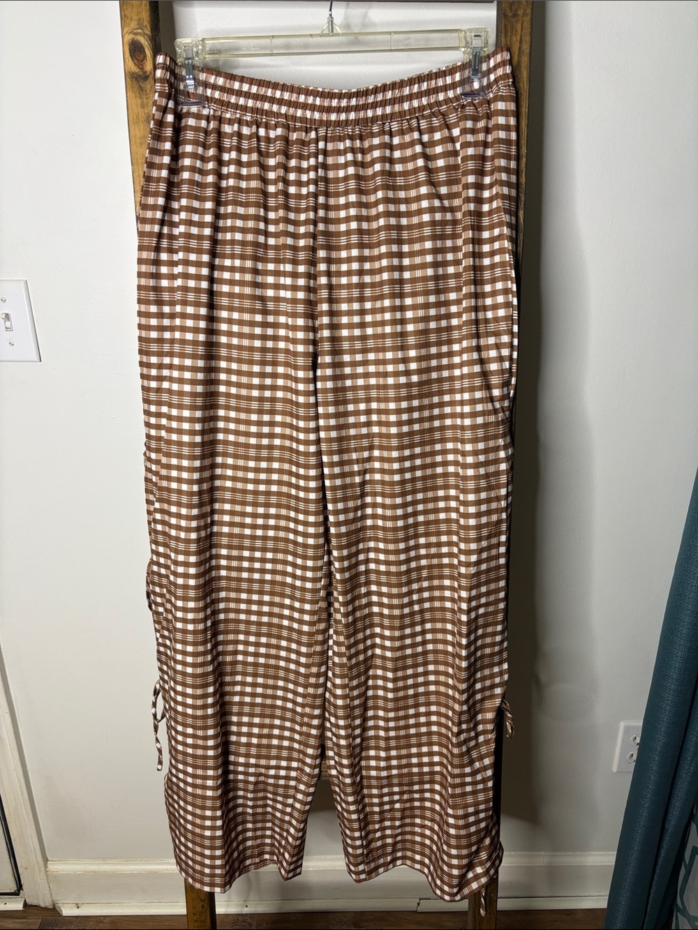 SHEIN Curve Tan Plaid Bow Tie Wide Leg Pants Size 1X
